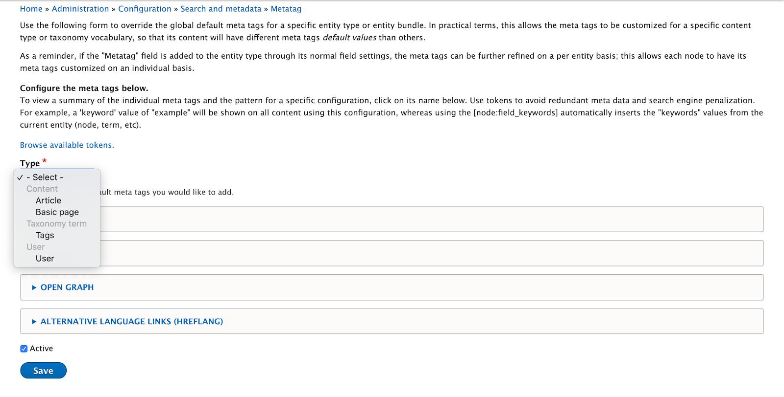 Drupal Metatag - Configuration for Content types